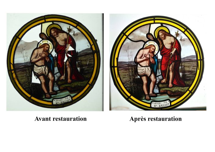Oculus, avant et après restauration, église de Saint Méard, Haute-Vienne.